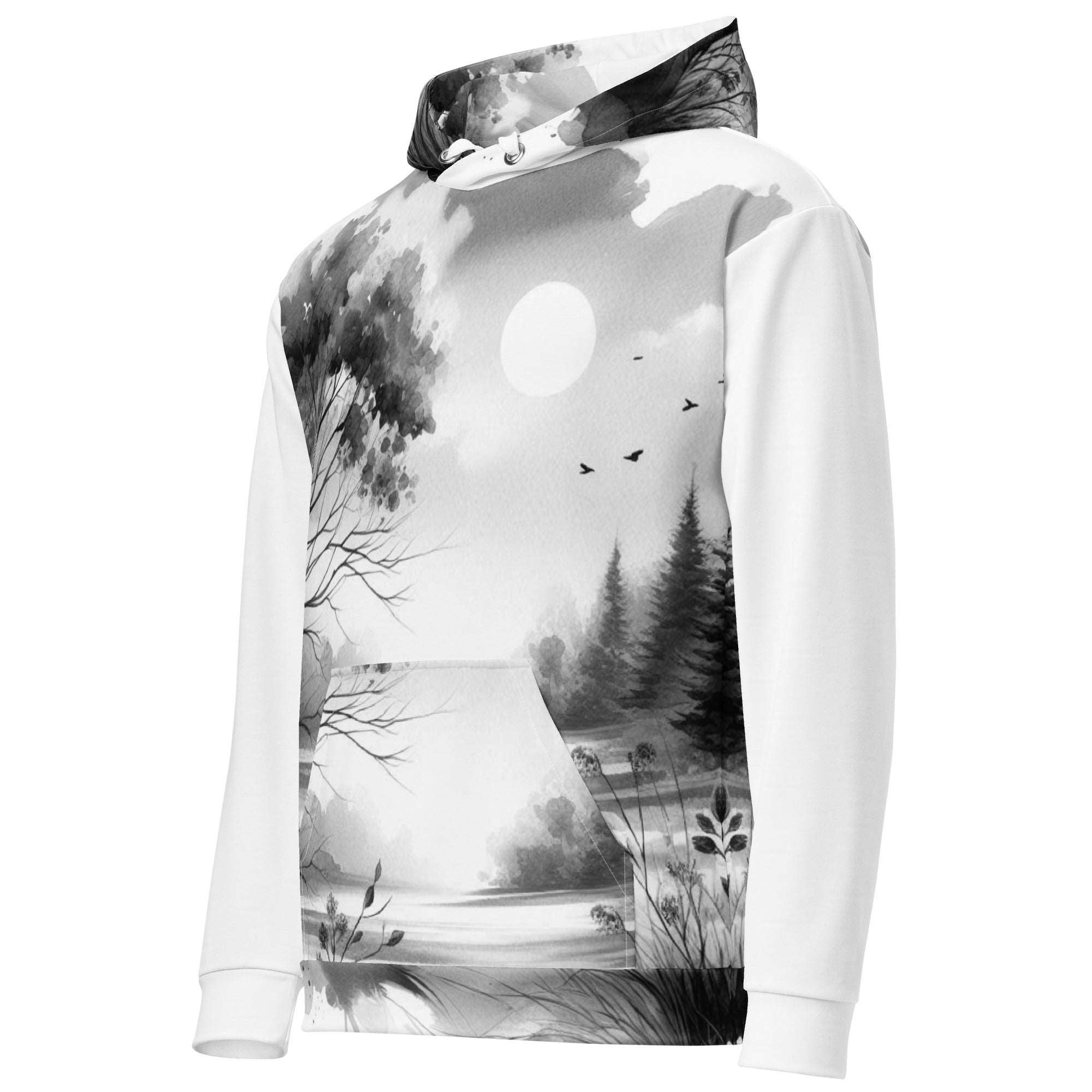 “Women’s Watercolour-Print-10 Muse Hoodie side in white with gray hand-painted landscape design, featuring abstract mountains and trees, kangaroo pocket, and adjustable drawstring hood.”