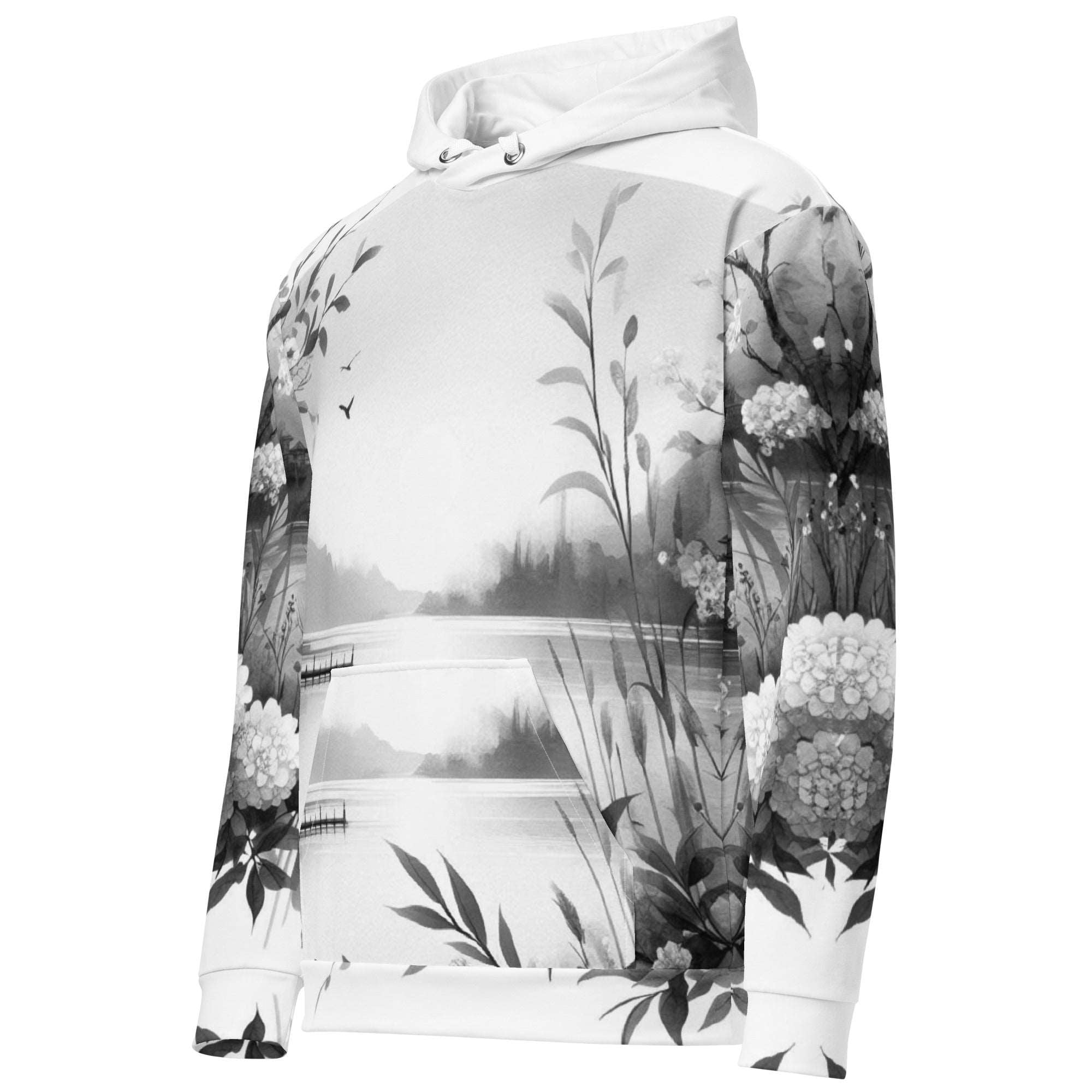 “Women’s Watercolour-Print-9 Muse Hoodie side in white with gray hand-painted landscape design, featuring abstract mountains and trees, kangaroo pocket, and adjustable drawstring hood.”