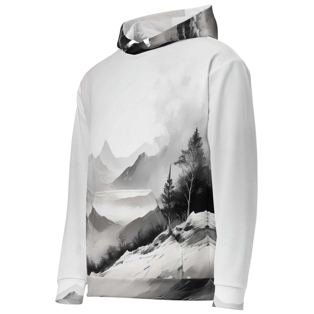 “Women’s Watercolour-Print-11 Muse Hoodie side in white with gray hand-painted landscape design, featuring abstract mountains and trees, kangaroo pocket, and adjustable drawstring hood.”