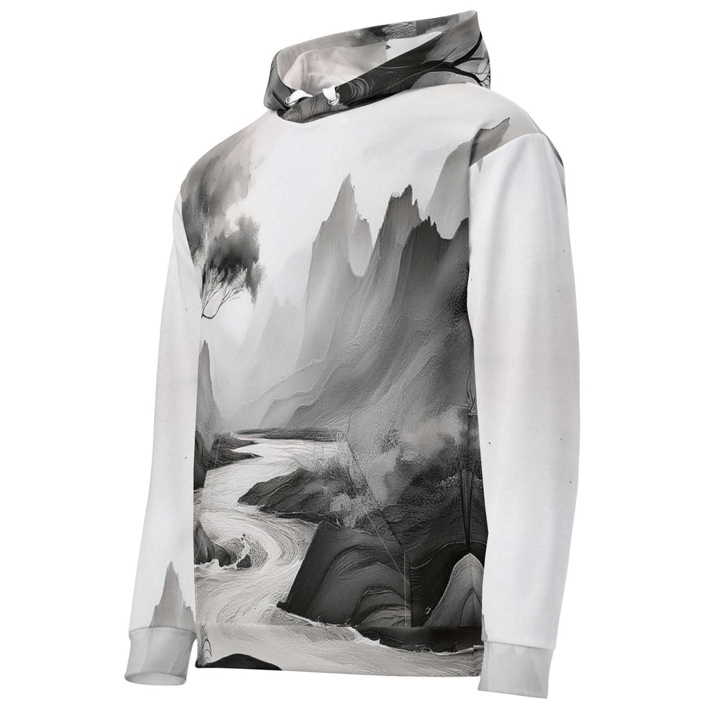 “Women’s Watercolour-Print-12 Muse Hoodie side in white with gray hand-painted landscape design, featuring abstract mountains and trees, kangaroo pocket, and adjustable drawstring hood.”