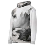“Women’s Watercolour-Print-12 Muse Hoodie side in white with gray hand-painted landscape design, featuring abstract mountains and trees, kangaroo pocket, and adjustable drawstring hood.”