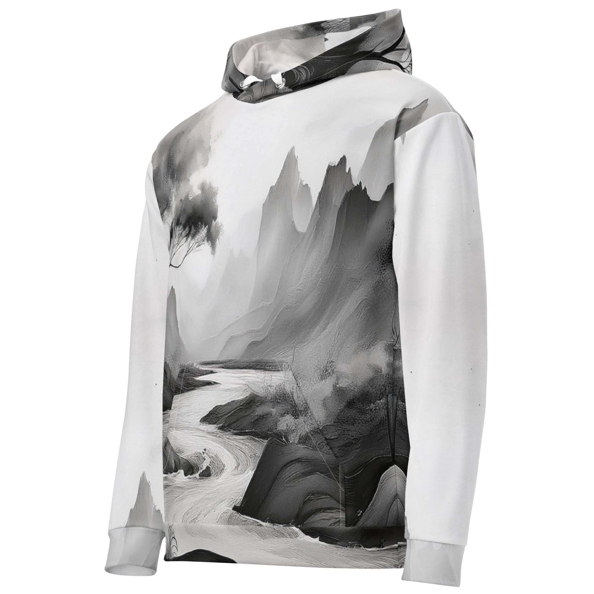 “Women’s Watercolour-Print-12 Muse Hoodie side in white with gray hand-painted landscape design, featuring abstract mountains and trees, kangaroo pocket, and adjustable drawstring hood.”