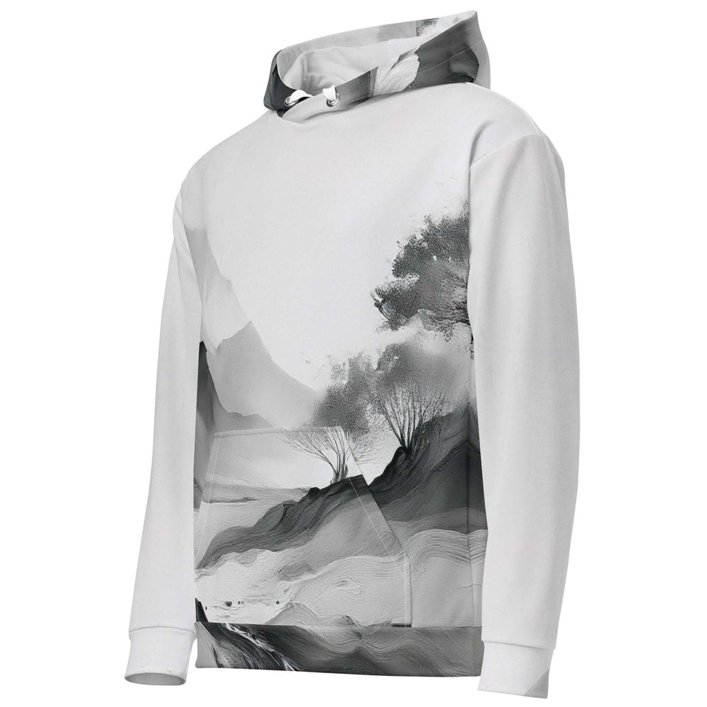 “Women’s Watercolour-Print-13 Muse Hoodie side in white with gray hand-painted landscape design, featuring abstract mountains and trees, kangaroo pocket, and adjustable drawstring hood.”