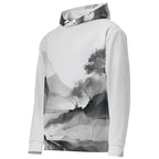 “Women’s Watercolour-Print-13 Muse Hoodie side in white with gray hand-painted landscape design, featuring abstract mountains and trees, kangaroo pocket, and adjustable drawstring hood.”