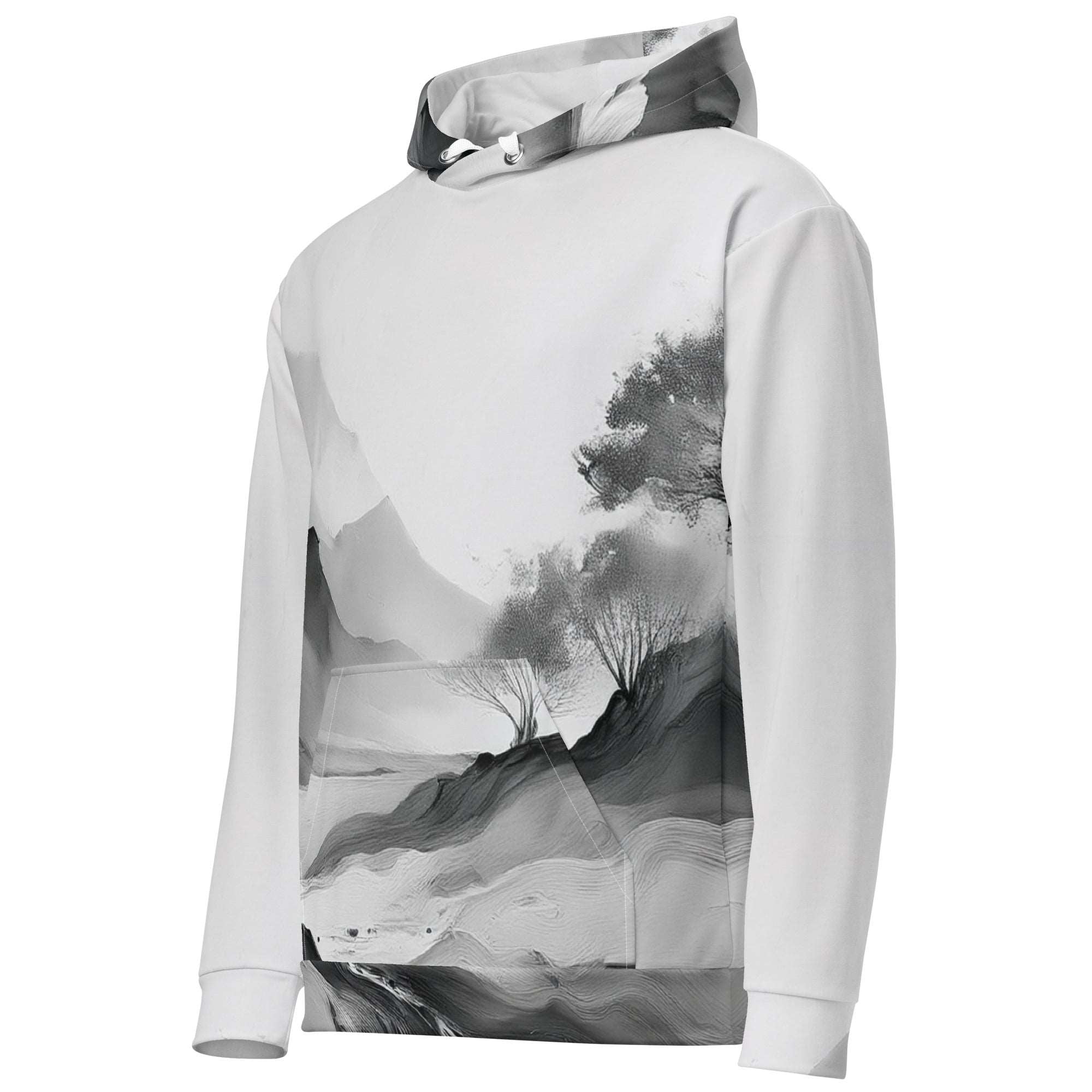 “Women’s Watercolour-Print-13 Muse Hoodie side in white with gray hand-painted landscape design, featuring abstract mountains and trees, kangaroo pocket, and adjustable drawstring hood.”