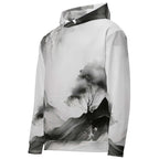 “Women’s Watercolour-Print-14 Muse Hoodie side in white with gray hand-painted landscape design, featuring abstract mountains and trees, kangaroo pocket, and adjustable drawstring hood.”