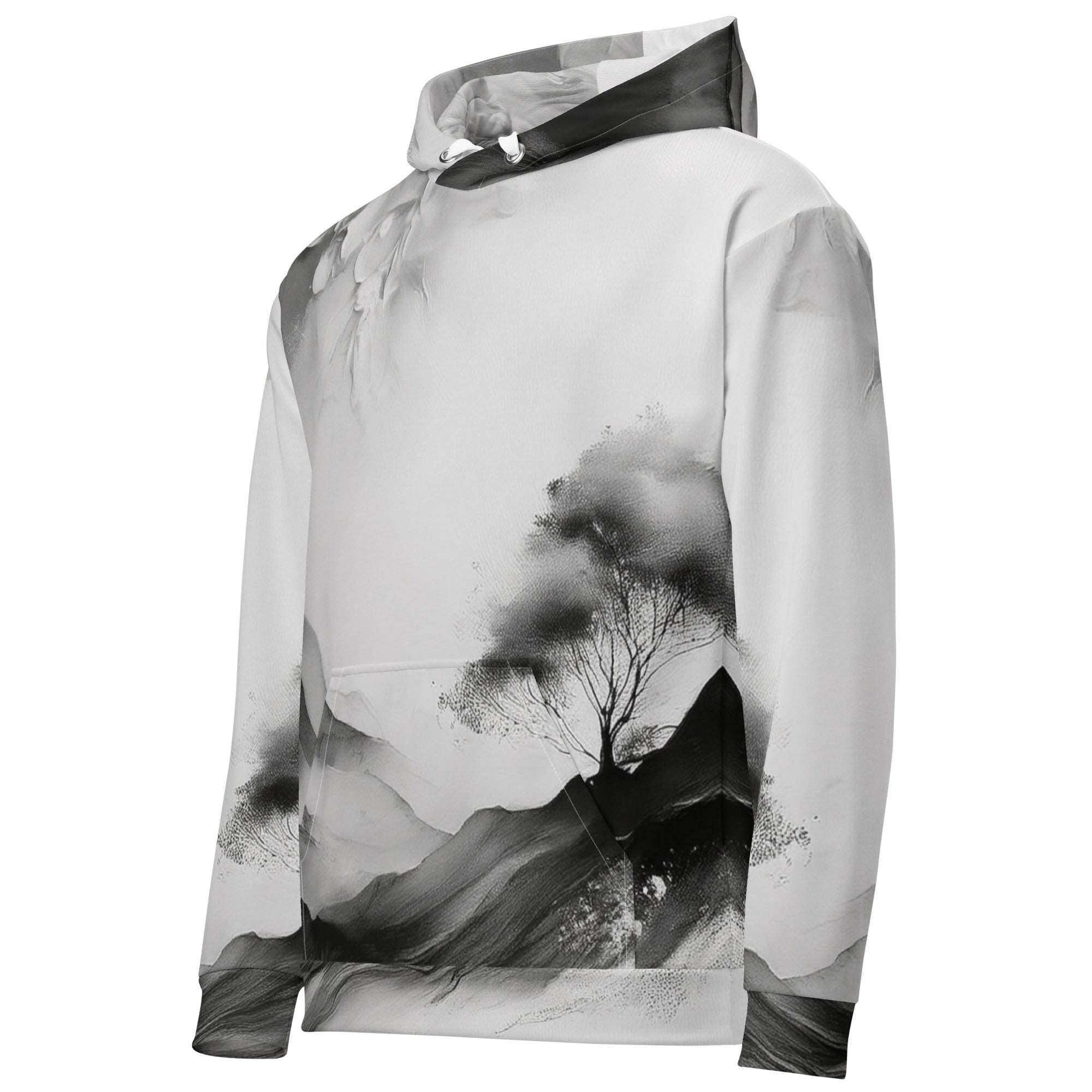 “Women’s Watercolour-Print-14 Muse Hoodie side in white with gray hand-painted landscape design, featuring abstract mountains and trees, kangaroo pocket, and adjustable drawstring hood.”