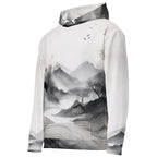 “Women’s Watercolour-Print-15 Muse Hoodie side in white with gray hand-painted landscape design, featuring abstract mountains and trees, kangaroo pocket, and adjustable drawstring hood.”