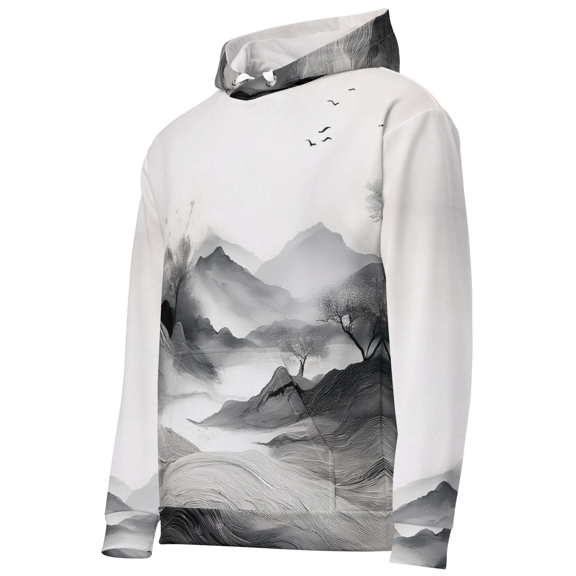 “Women’s Watercolour-Print-15 Muse Hoodie side in white with gray hand-painted landscape design, featuring abstract mountains and trees, kangaroo pocket, and adjustable drawstring hood.”