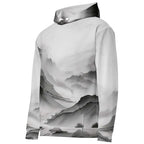“Women’s Watercolour-Print-16 Muse Hoodie front in white with gray hand-painted landscape design, featuring abstract mountains and trees, kangaroo pocket, and adjustable drawstring hood.”