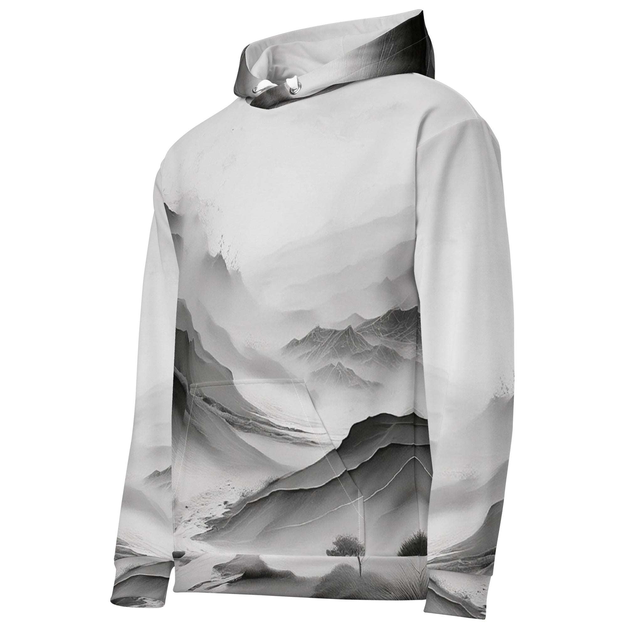 “Women’s Watercolour-Print-16 Muse Hoodie front in white with gray hand-painted landscape design, featuring abstract mountains and trees, kangaroo pocket, and adjustable drawstring hood.”