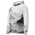 “Women’s Watercolour-Print-17 Muse Hoodie side in white with gray hand-painted landscape design, featuring abstract mountains and trees, kangaroo pocket, and adjustable drawstring hood.”
