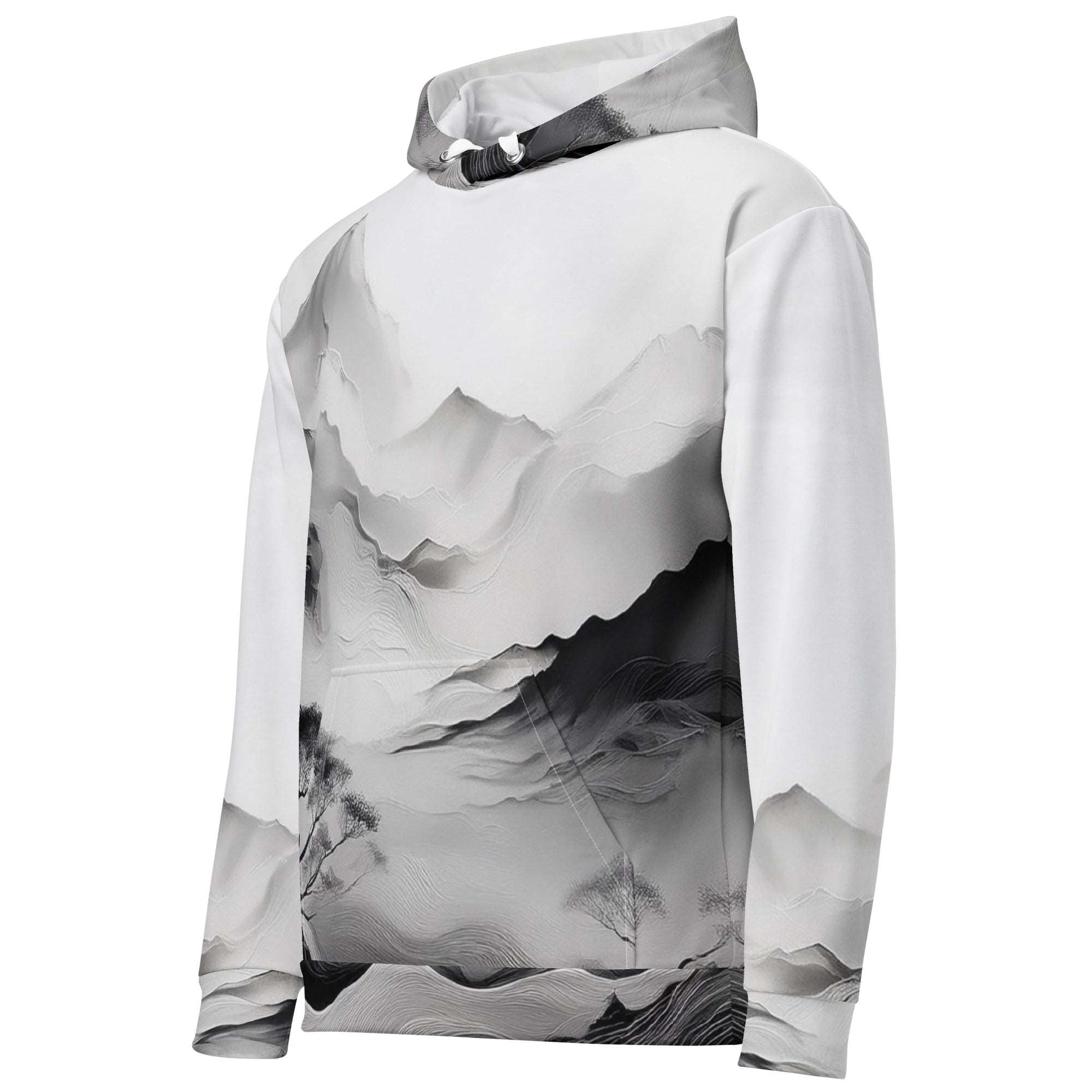“Women’s Watercolour-Print-17 Muse Hoodie side in white with gray hand-painted landscape design, featuring abstract mountains and trees, kangaroo pocket, and adjustable drawstring hood.”