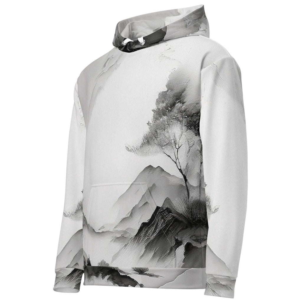 “Women’s Watercolour-Print-19 Muse Hoodie side in white with gray hand-painted landscape design, featuring abstract mountains and trees, kangaroo pocket, and adjustable drawstring hood.”