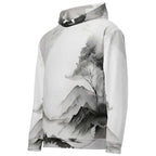 “Women’s Watercolour-Print-19 Muse Hoodie side in white with gray hand-painted landscape design, featuring abstract mountains and trees, kangaroo pocket, and adjustable drawstring hood.”