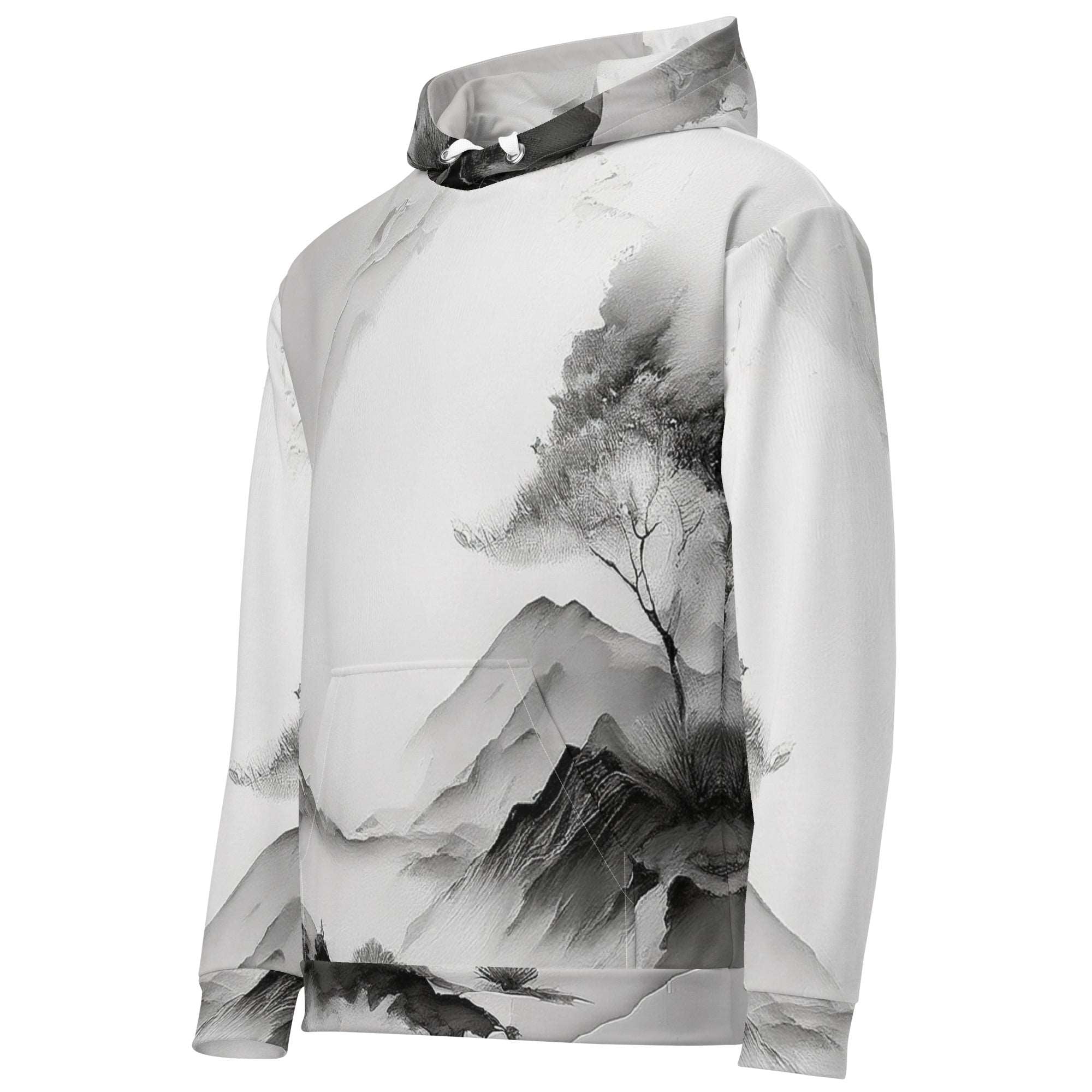 “Women’s Watercolour-Print-19 Muse Hoodie side in white with gray hand-painted landscape design, featuring abstract mountains and trees, kangaroo pocket, and adjustable drawstring hood.”