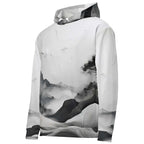 “Women’s Watercolour-Print-20 Muse Hoodie side in white with gray hand-painted landscape design, featuring abstract mountains and trees, kangaroo pocket, and adjustable drawstring hood.”