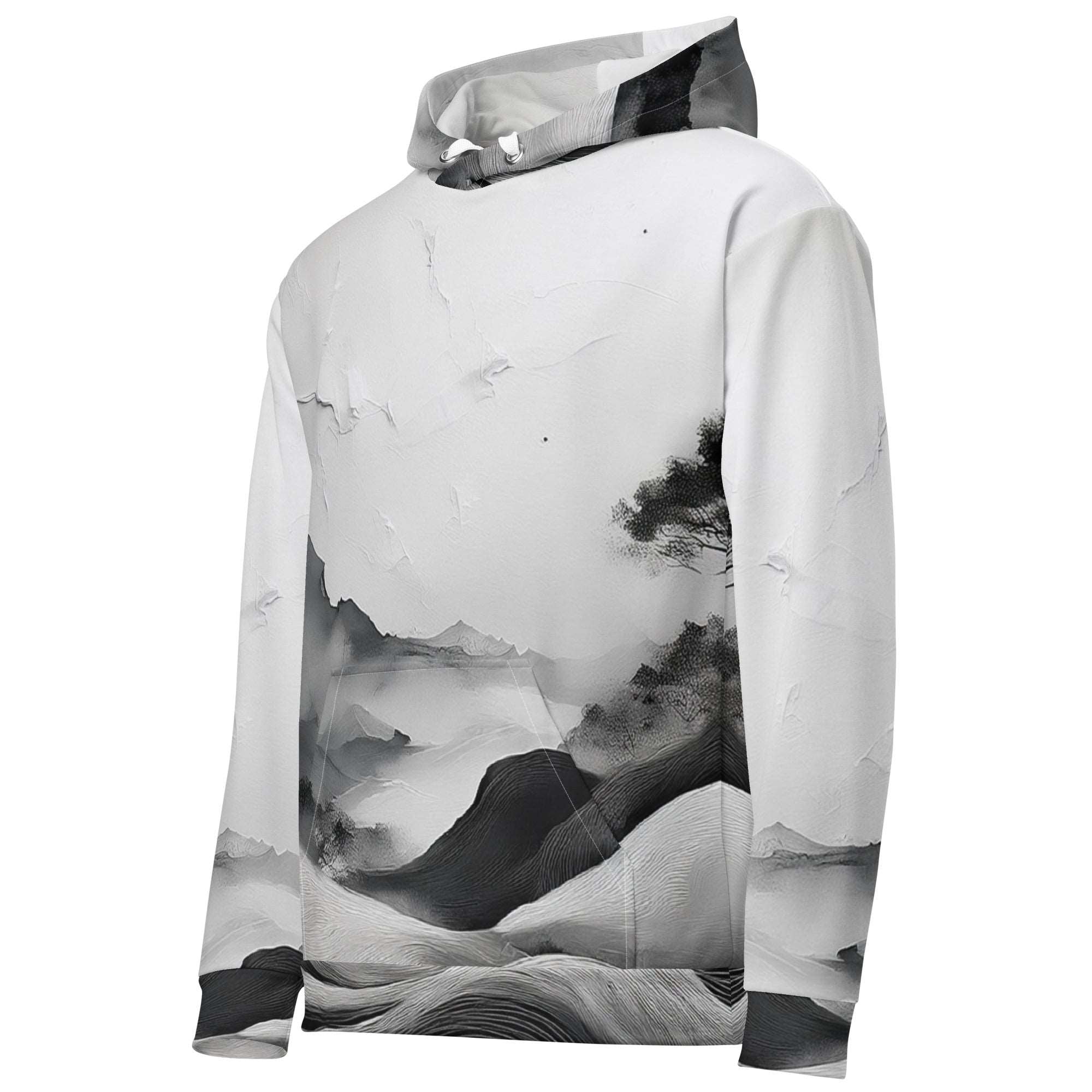 “Women’s Watercolour-Print-20 Muse Hoodie side in white with gray hand-painted landscape design, featuring abstract mountains and trees, kangaroo pocket, and adjustable drawstring hood.”