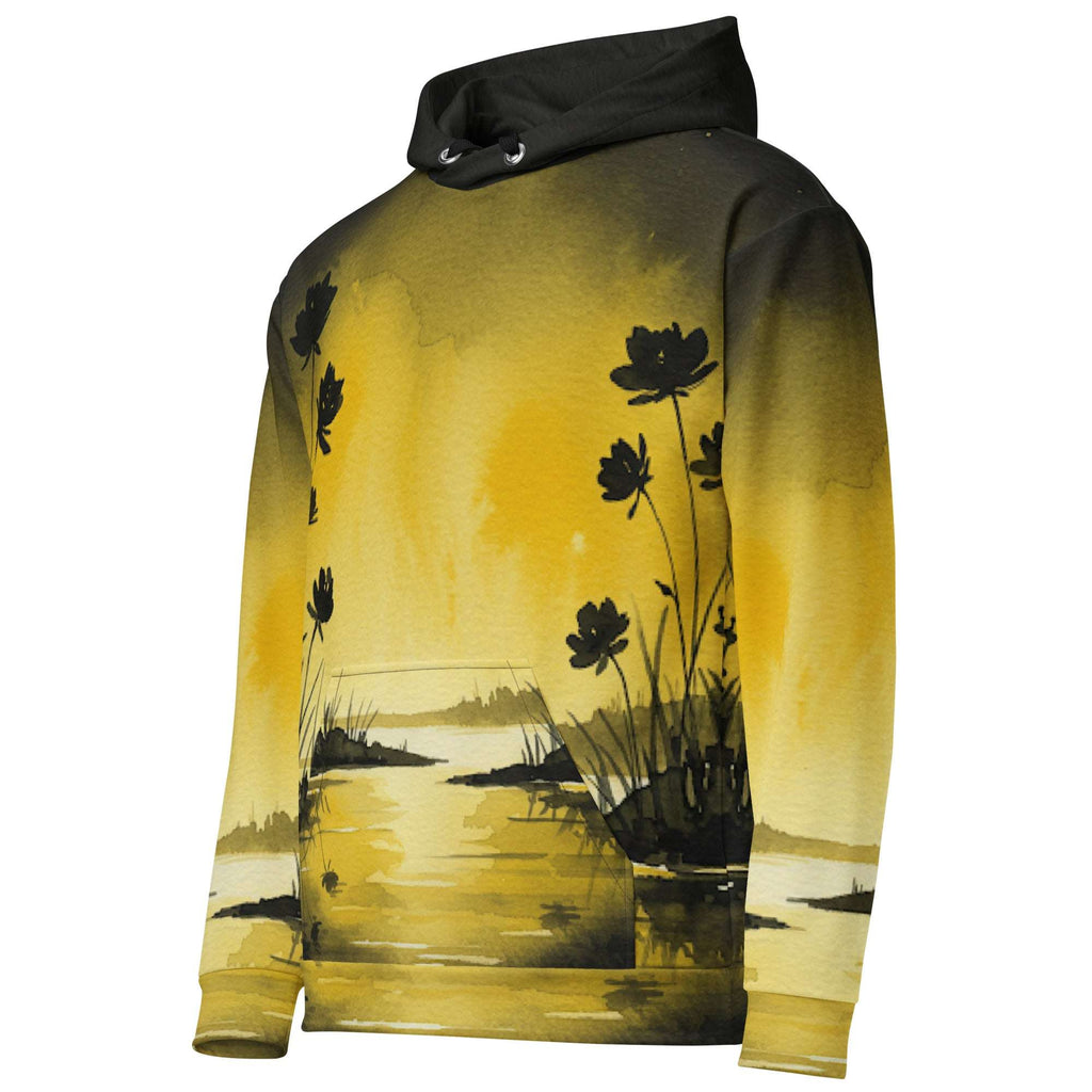 An FFD Luminescence-2 hoodie (side pose) with a black, white and yellow gradient print of a nature-inspired design featuring hues of white yellow and black tones.