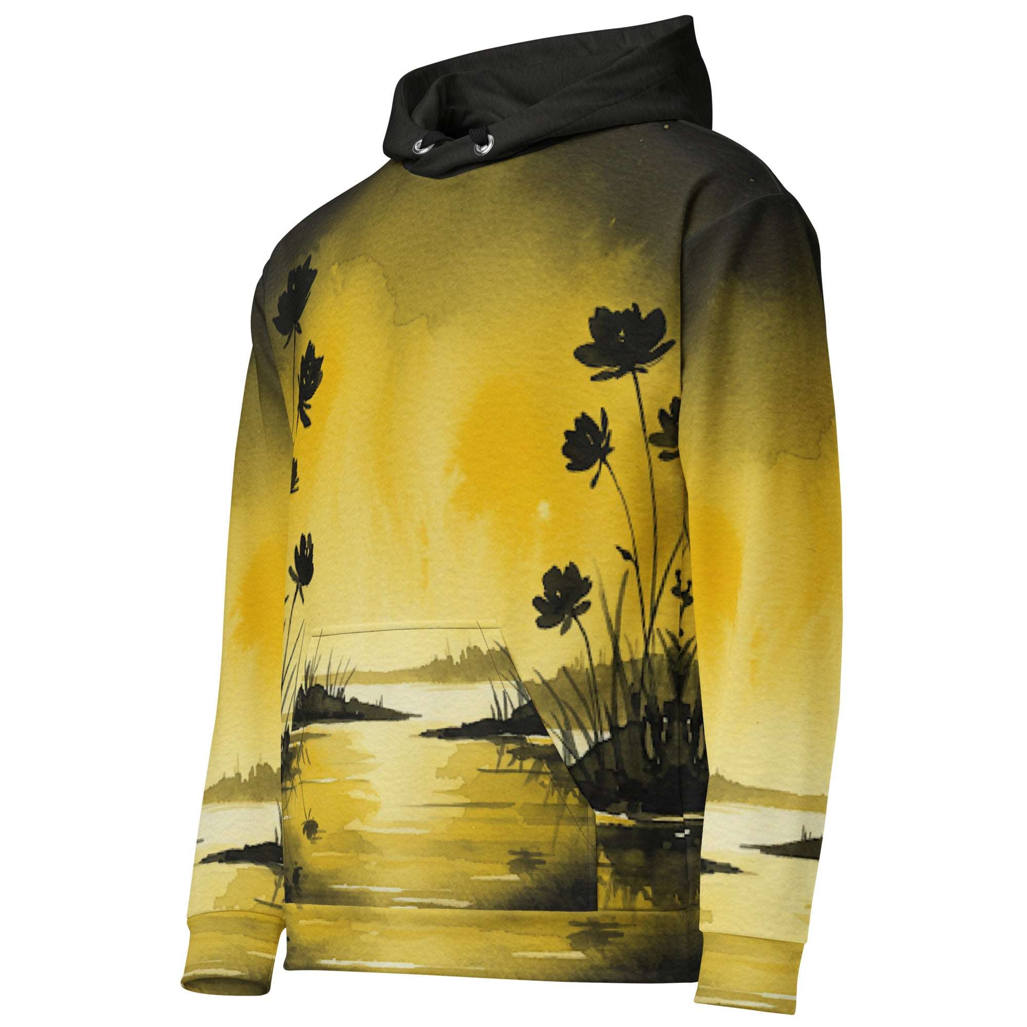 An FFD Luminescence-2 hoodie (side pose) with a black, white and yellow gradient print of a nature-inspired design featuring hues of white yellow and black tones.