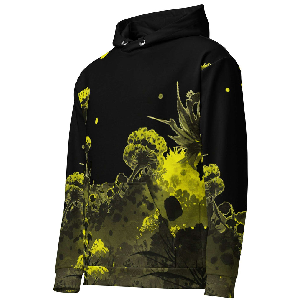 An FFD Luminescence-3 hoodie (side pose) with a black, white and yellow gradient print of a nature-inspired design featuring hues of white yellow and black tones.