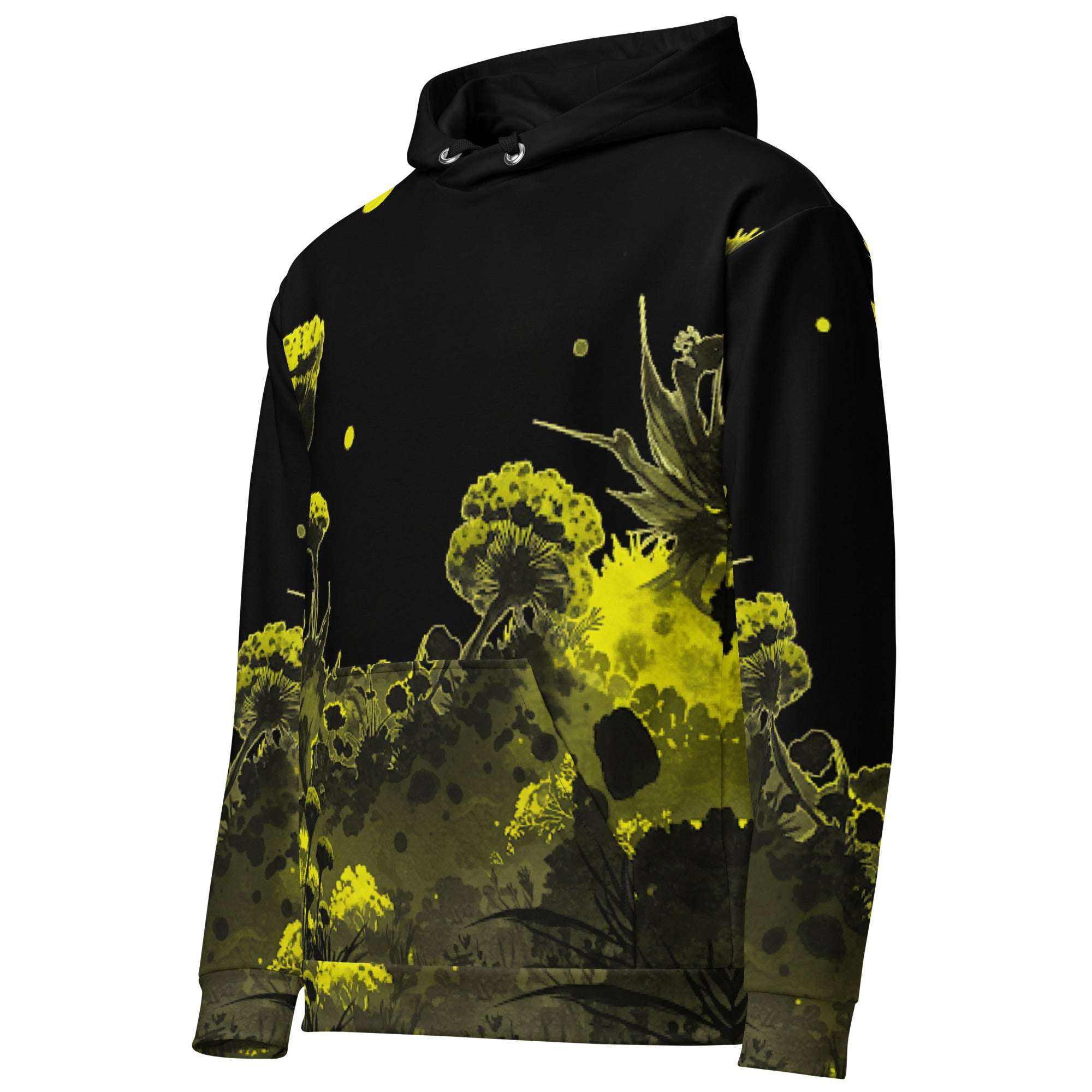 An FFD Luminescence-3 hoodie (side pose) with a black, white and yellow gradient print of a nature-inspired design featuring hues of white yellow and black tones.