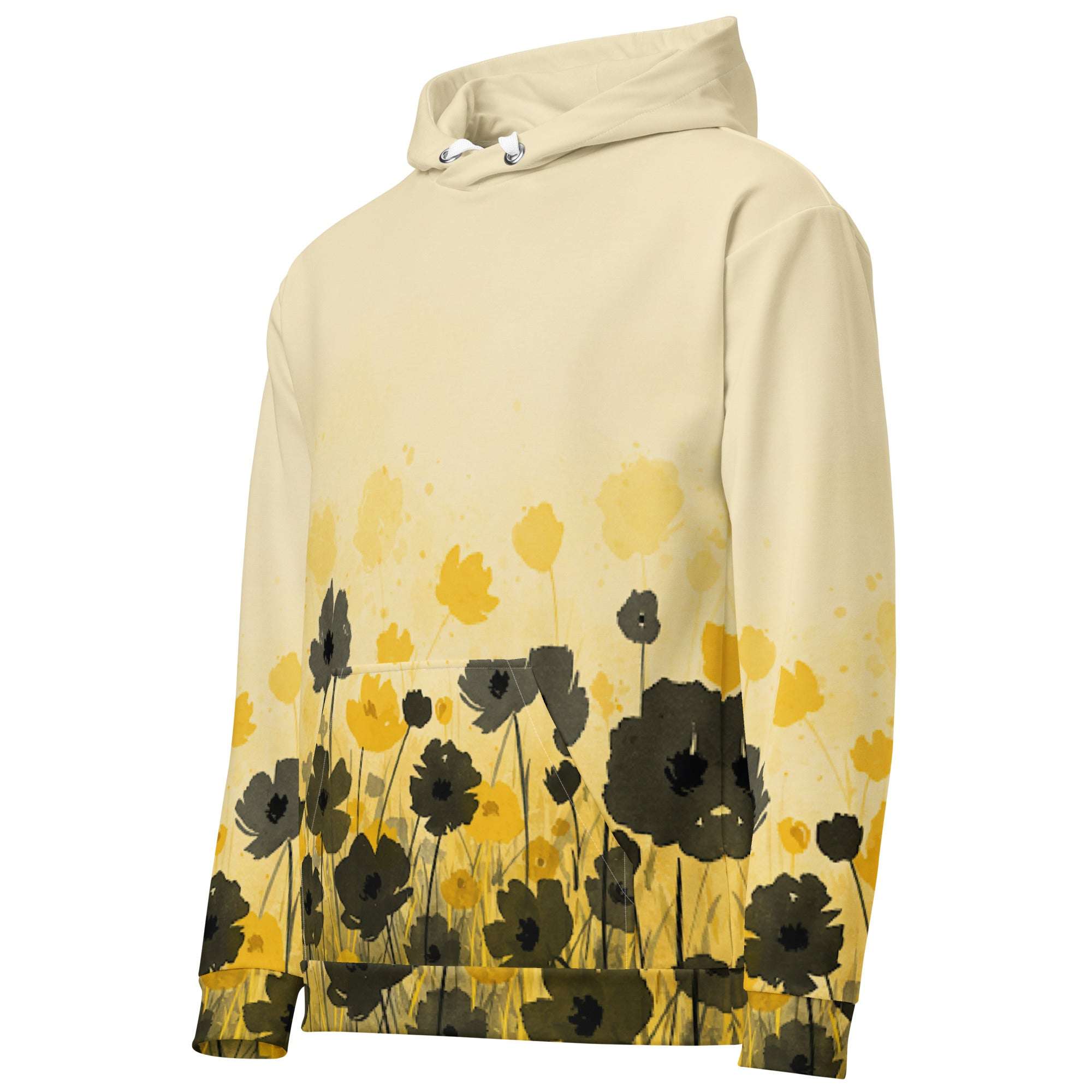 An FFD Luminescence-4 hoodie (side pose) with a black, white and yellow gradient print of a nature-inspired design featuring hues of white yellow and black tones.
