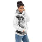 “Women’s Watercolour-Print-10 Muse Hoodie front model in white with gray hand-painted landscape design, featuring abstract mountains and trees, kangaroo pocket, and adjustable drawstring hood.”