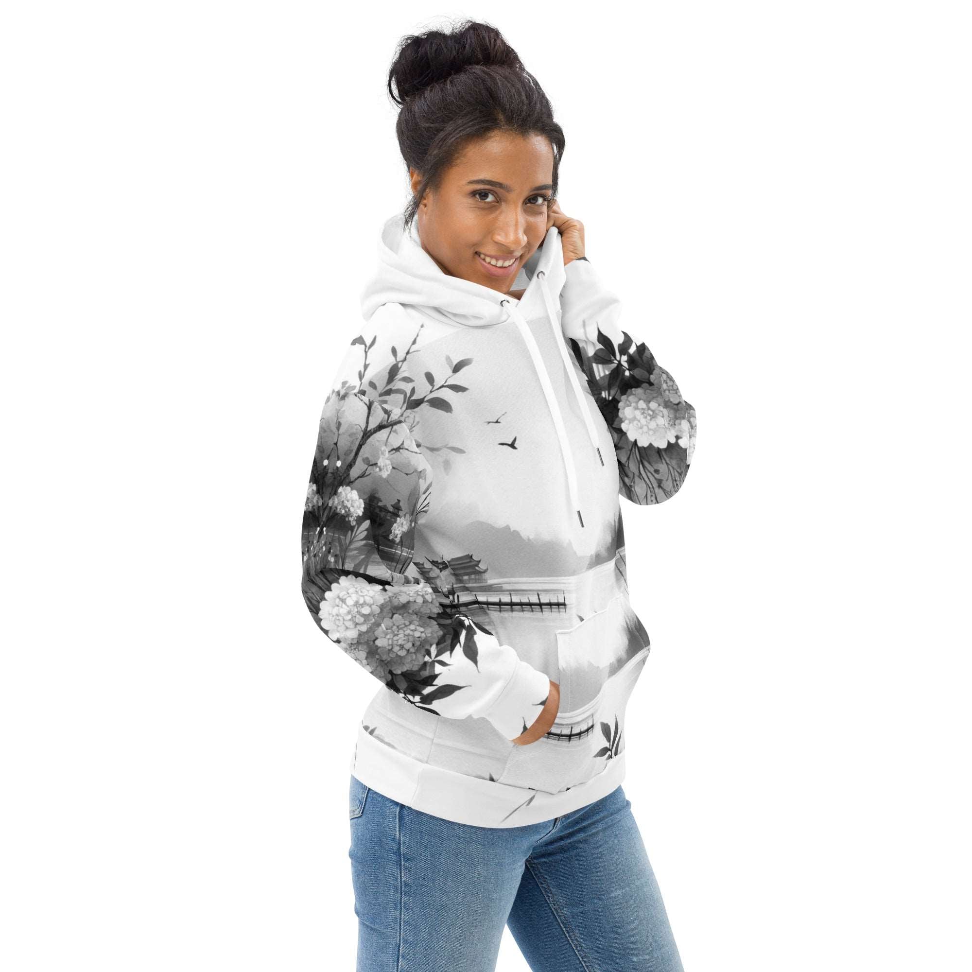 “Women’s Watercolour-Print-9 Muse Hoodie front model in white with gray hand-painted landscape design, featuring abstract mountains and trees, kangaroo pocket, and adjustable drawstring hood.”