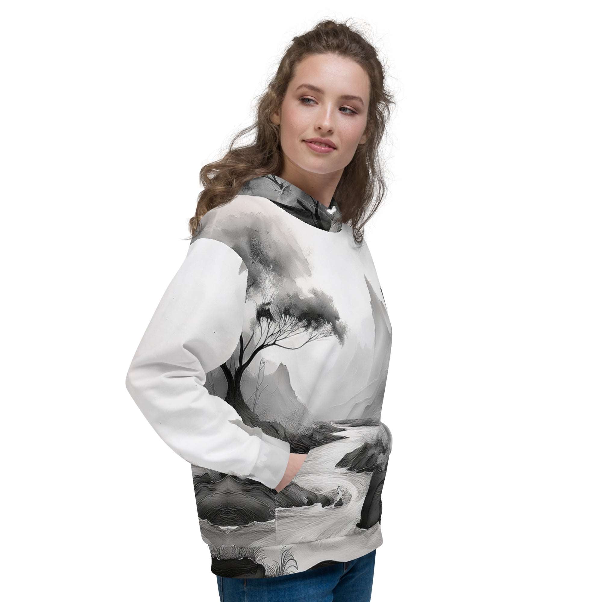 “Women’s Watercolour-Print-12 Muse Hoodie side model in white with gray hand-painted landscape design, featuring abstract mountains and trees, kangaroo pocket, and adjustable drawstring hood.”