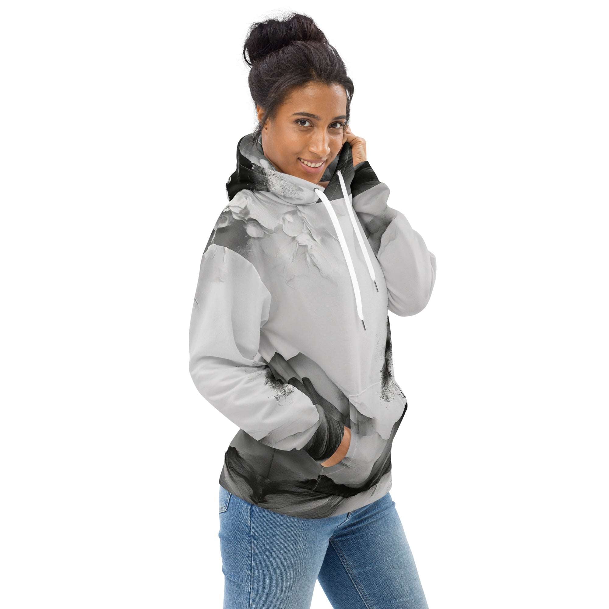 “Women’s Watercolour-Print-14 Muse Hoodie side model in white with gray hand-painted landscape design, featuring abstract mountains and trees, kangaroo pocket, and adjustable drawstring hood.”