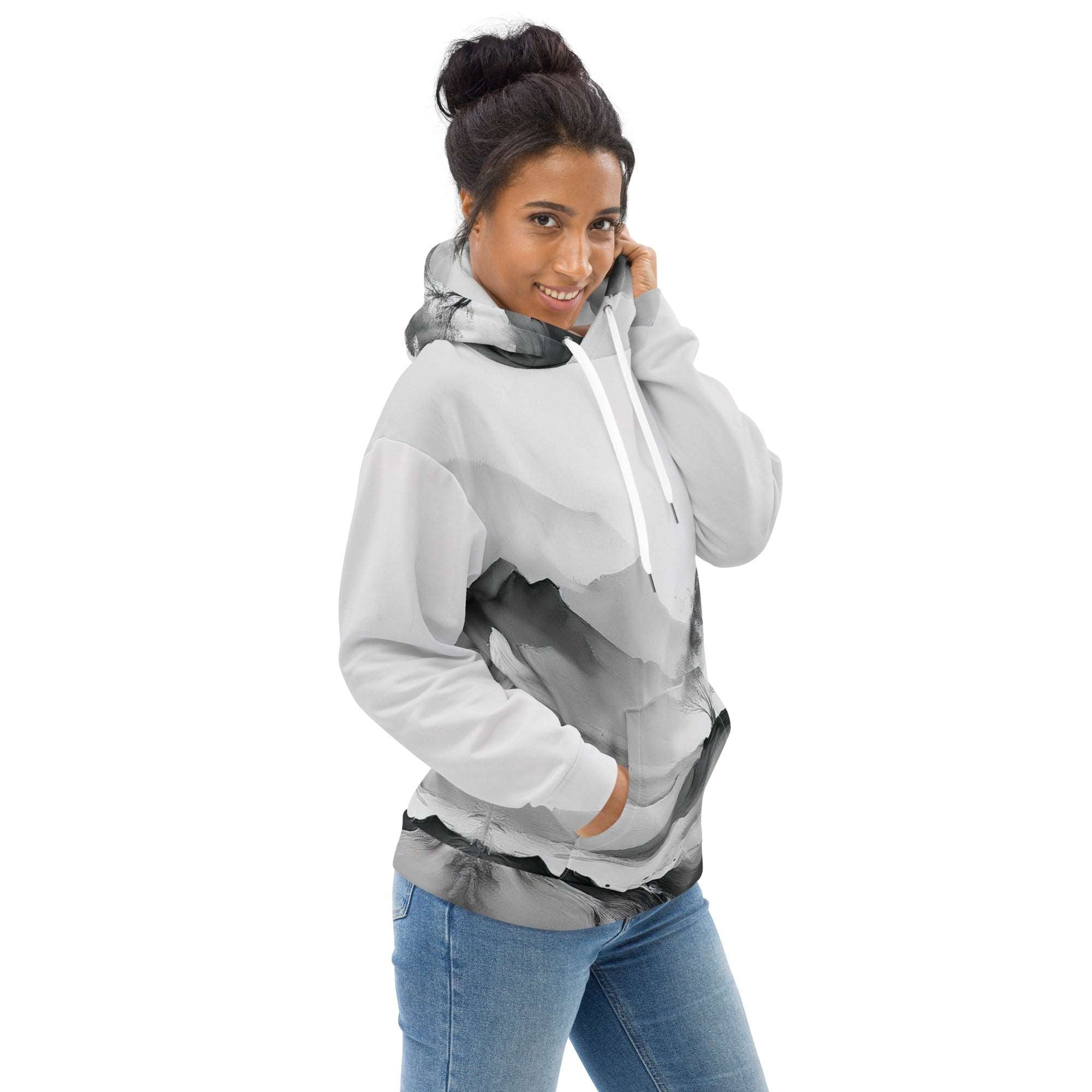“Women’s Watercolour-Print-13 Muse Hoodie side model in white with gray hand-painted landscape design, featuring abstract mountains and trees, kangaroo pocket, and adjustable drawstring hood.”