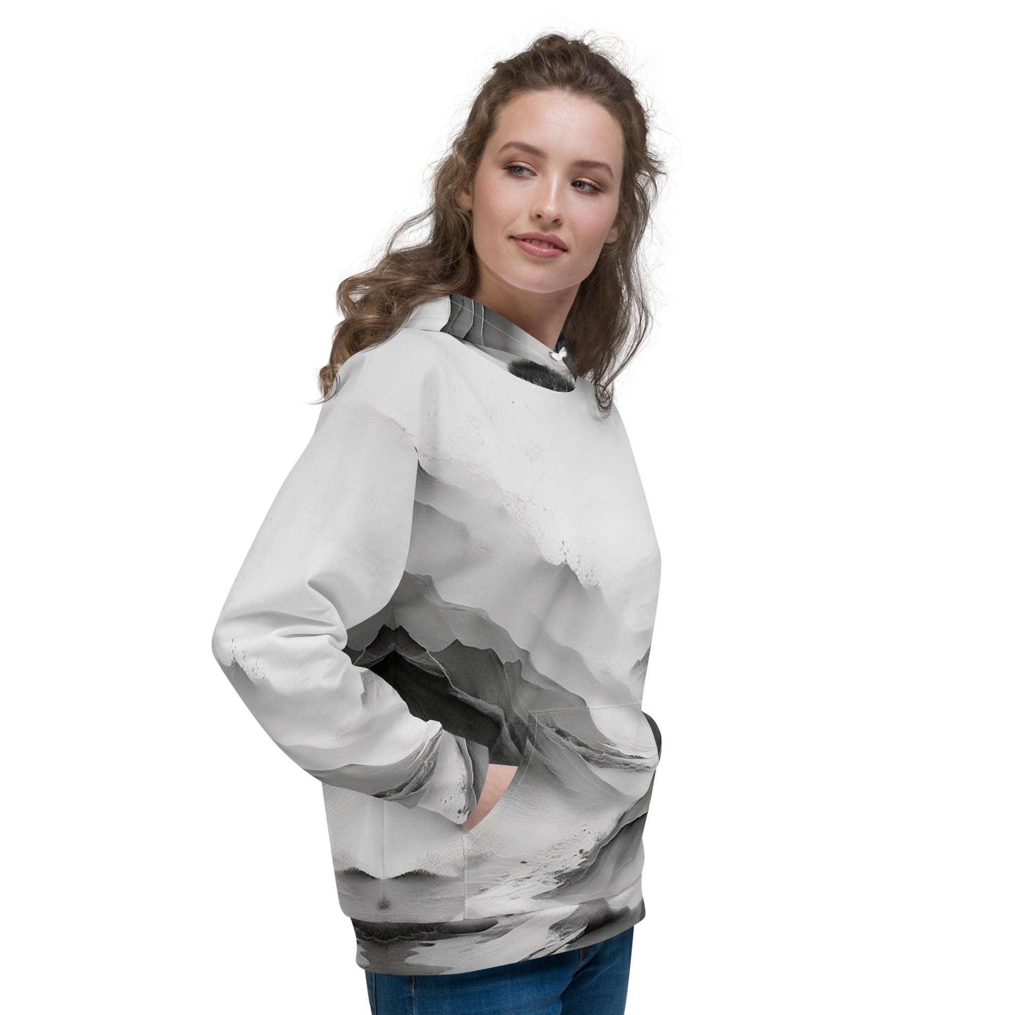 “Women’s Watercolour-Print-16 Muse Hoodie side model in white with gray hand-painted landscape design, featuring abstract mountains and trees, kangaroo pocket, and adjustable drawstring hood.”