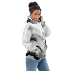 “Women’s Watercolour-Print-17 Muse Hoodie front model in white with gray hand-painted landscape design, featuring abstract mountains and trees, kangaroo pocket, and adjustable drawstring hood.”