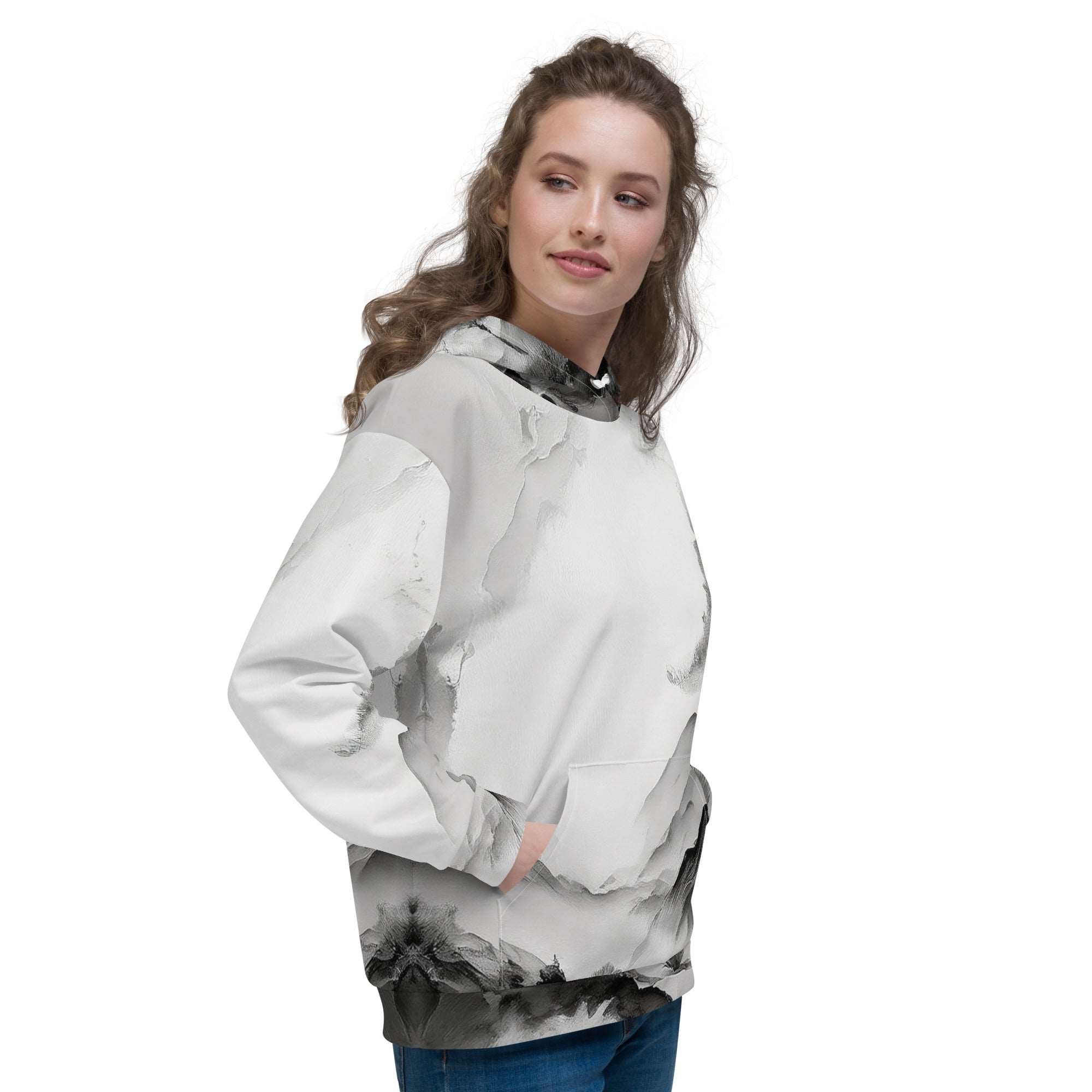 “Women’s Watercolour-Print-19 Muse Hoodie side model in white with gray hand-painted landscape design, featuring abstract mountains and trees, kangaroo pocket, and adjustable drawstring hood.”