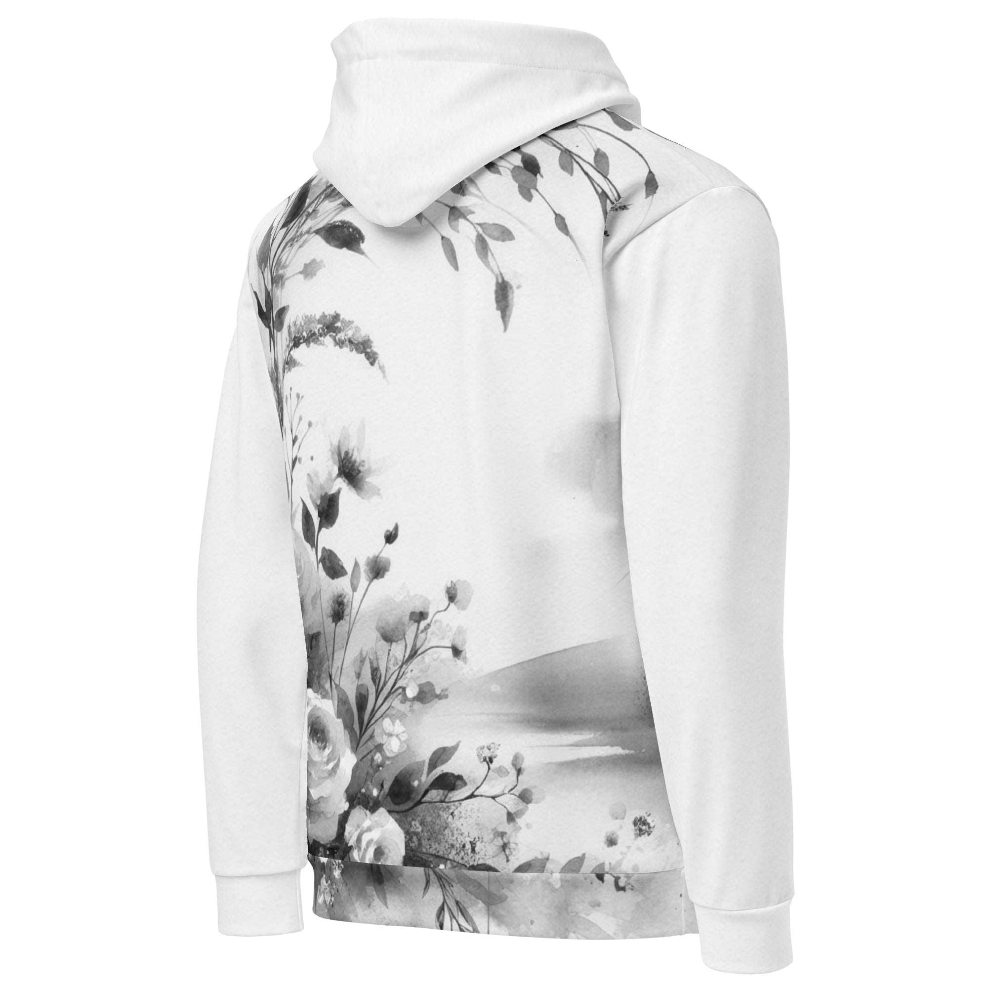 “Women’s Watercolour-Print-6 Muse Hoodie backside in white with gray hand-painted landscape design, featuring abstract mountains and trees, kangaroo pocket, and adjustable drawstring hood.”