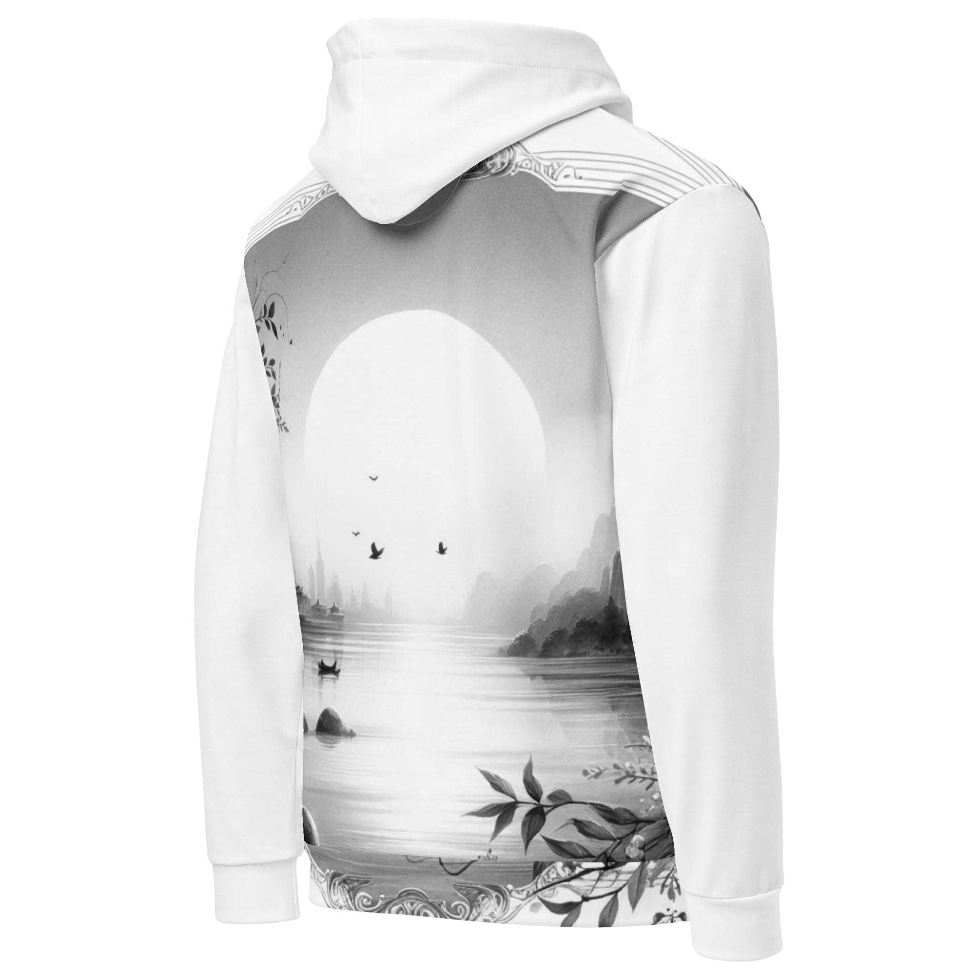 “Women’s Watercolour-Print-7 Muse Hoodie backside in white with gray hand-painted landscape design, featuring abstract mountains and trees, kangaroo pocket, and adjustable drawstring hood.”