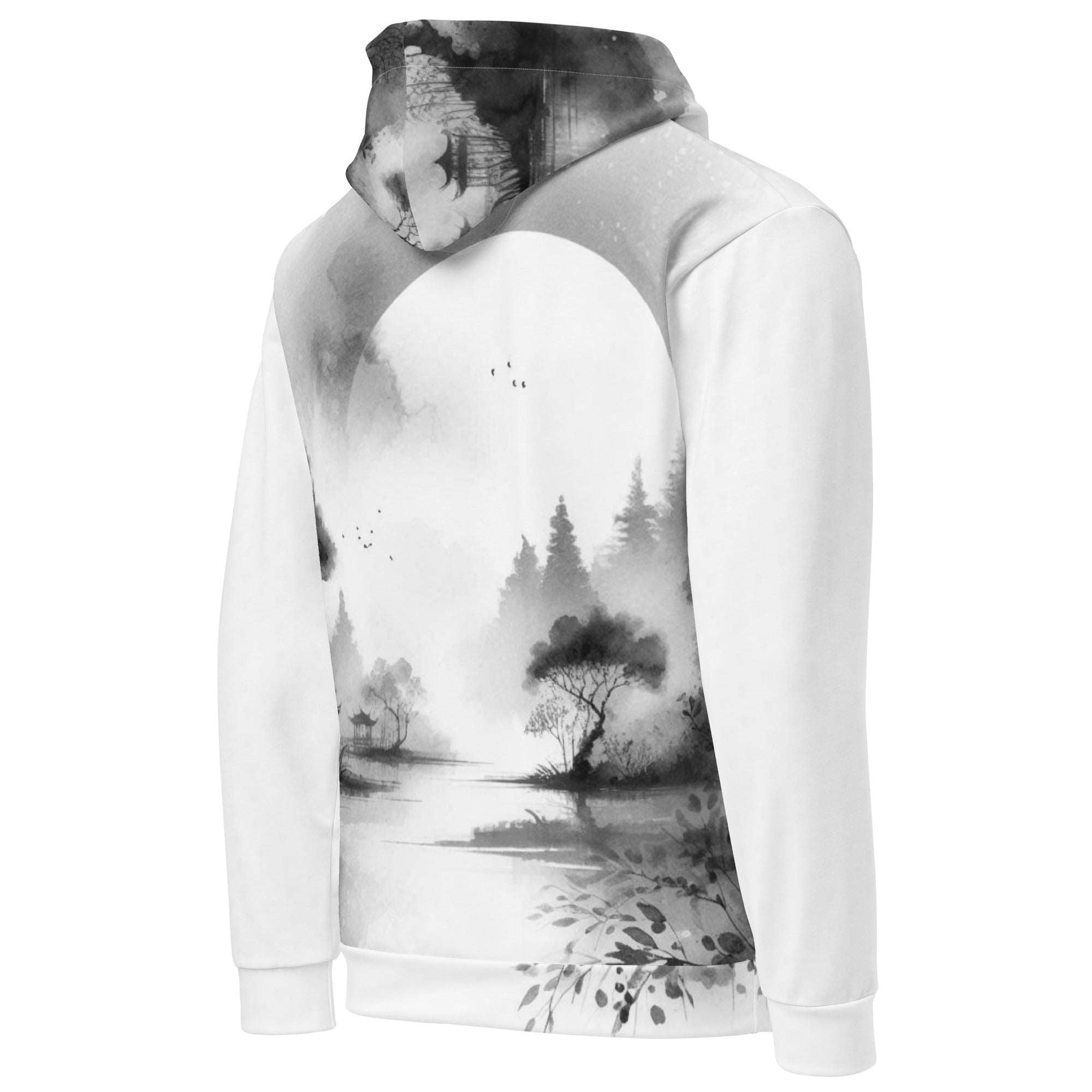 “Women’s Watercolour-Print-8 Muse Hoodie backside in white with gray hand-painted landscape design, featuring abstract mountains and trees, kangaroo pocket, and adjustable drawstring hood.”
