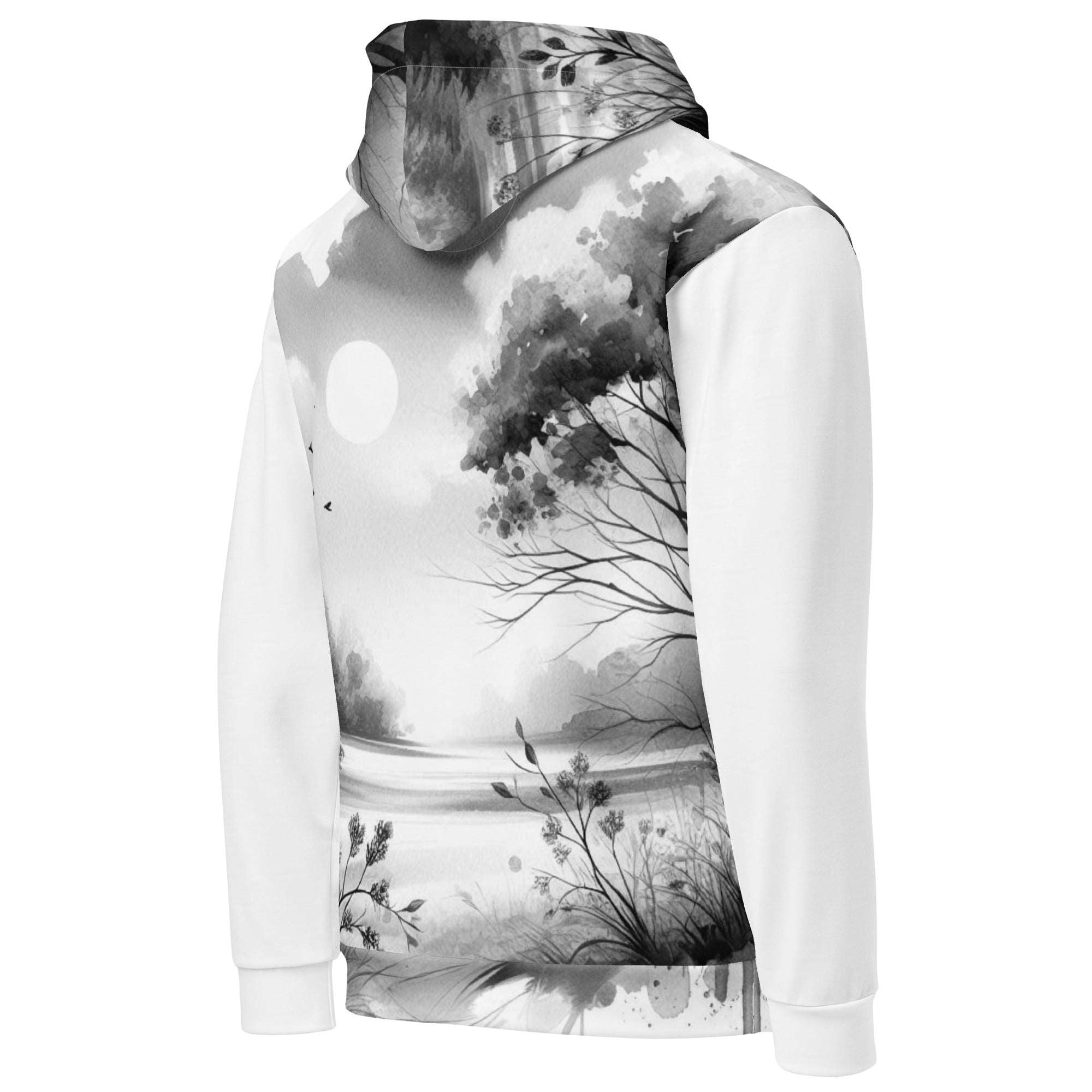 “Women’s Watercolour-Print-10 Muse Hoodie backside in white with gray hand-painted landscape design, featuring abstract mountains and trees, kangaroo pocket, and adjustable drawstring hood.”
