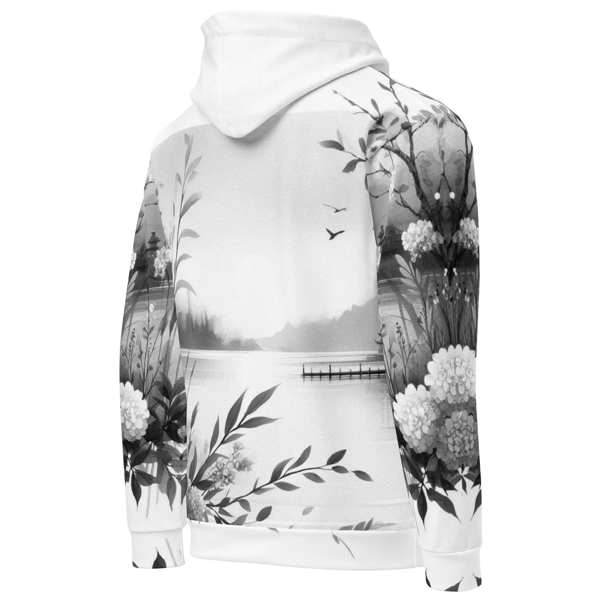 “Women’s Watercolour-Print-9 Muse Hoodie backside in white with gray hand-painted landscape design, featuring abstract mountains and trees, kangaroo pocket, and adjustable drawstring hood.”