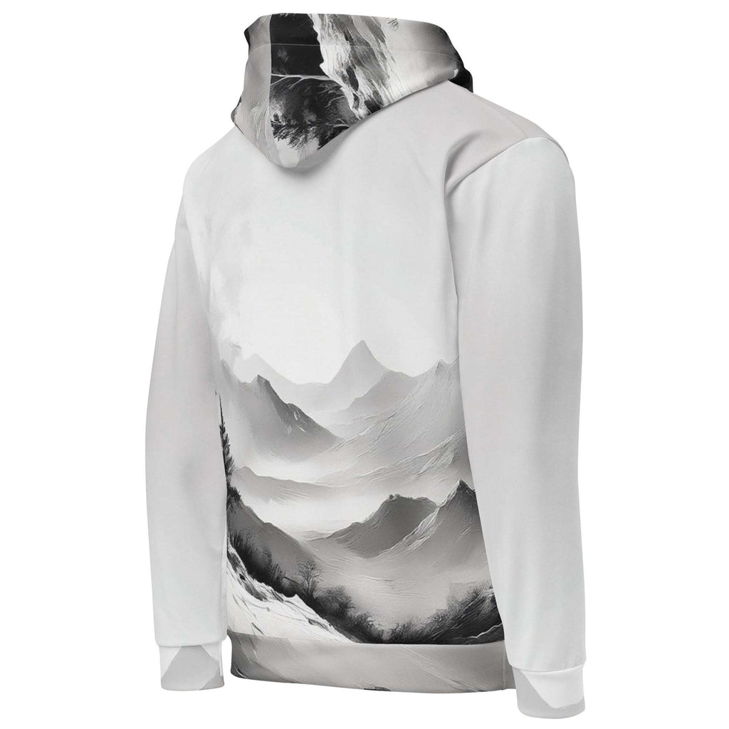 “Women’s Watercolour-Print-11 Muse Hoodie backside in white with gray hand-painted landscape design, featuring abstract mountains and trees, kangaroo pocket, and adjustable drawstring hood.”