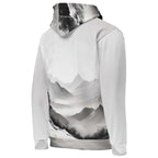 “Women’s Watercolour-Print-11 Muse Hoodie backside in white with gray hand-painted landscape design, featuring abstract mountains and trees, kangaroo pocket, and adjustable drawstring hood.”