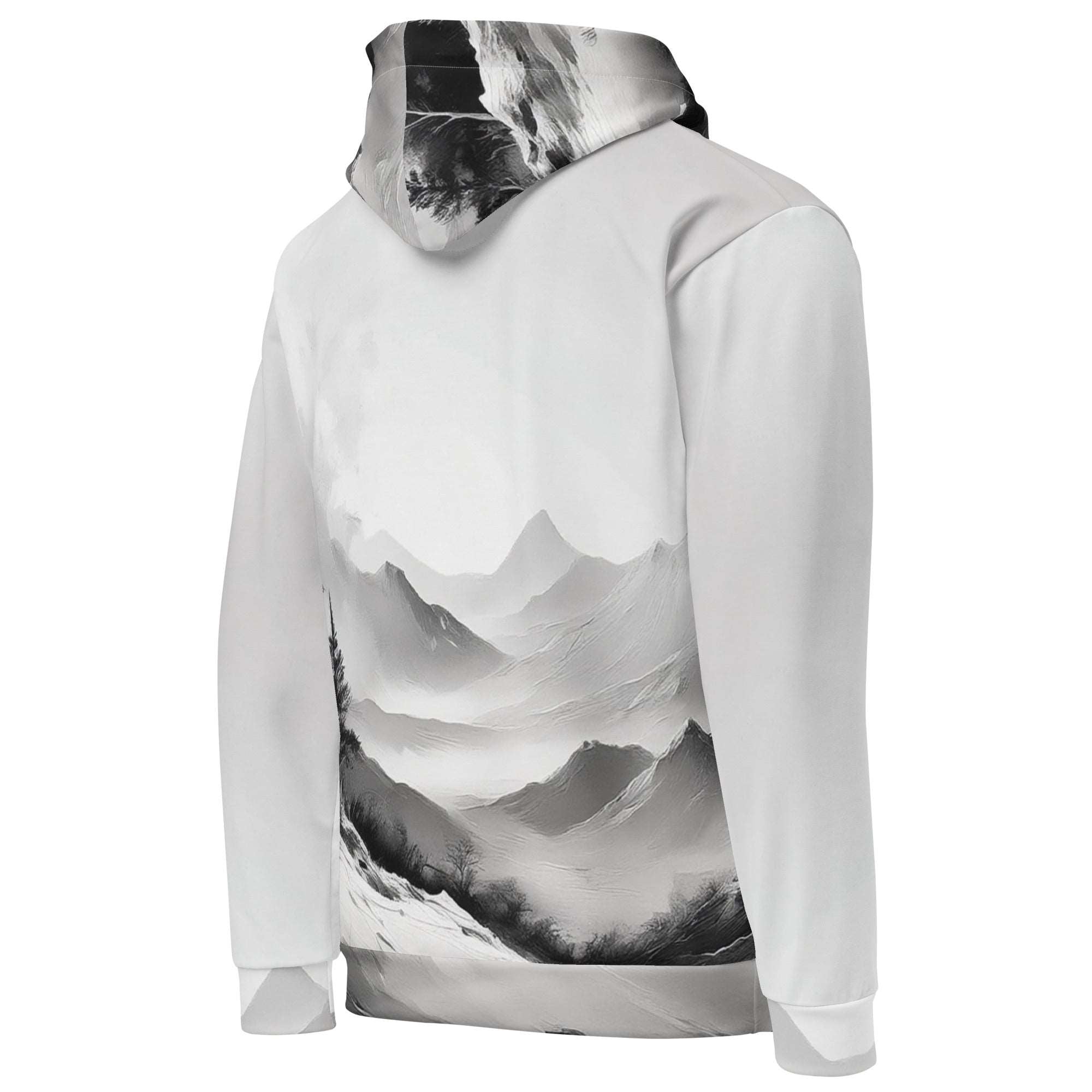 “Women’s Watercolour-Print-11 Muse Hoodie backside in white with gray hand-painted landscape design, featuring abstract mountains and trees, kangaroo pocket, and adjustable drawstring hood.”