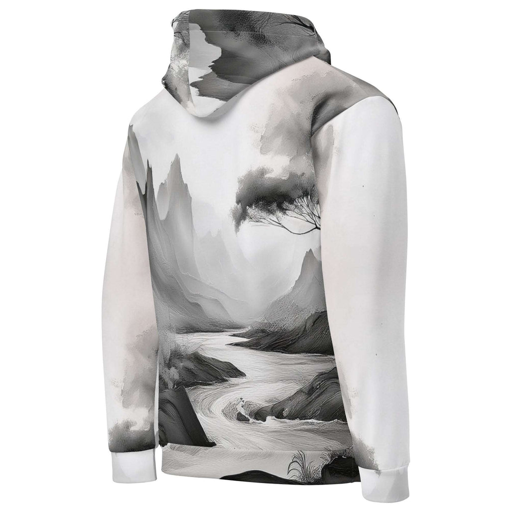 “Women’s Watercolour-Print-12 Muse Hoodie backside in white with gray hand-painted landscape design, featuring abstract mountains and trees, kangaroo pocket, and adjustable drawstring hood.”
