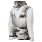 “Women’s Watercolour-Print-12 Muse Hoodie backside in white with gray hand-painted landscape design, featuring abstract mountains and trees, kangaroo pocket, and adjustable drawstring hood.”