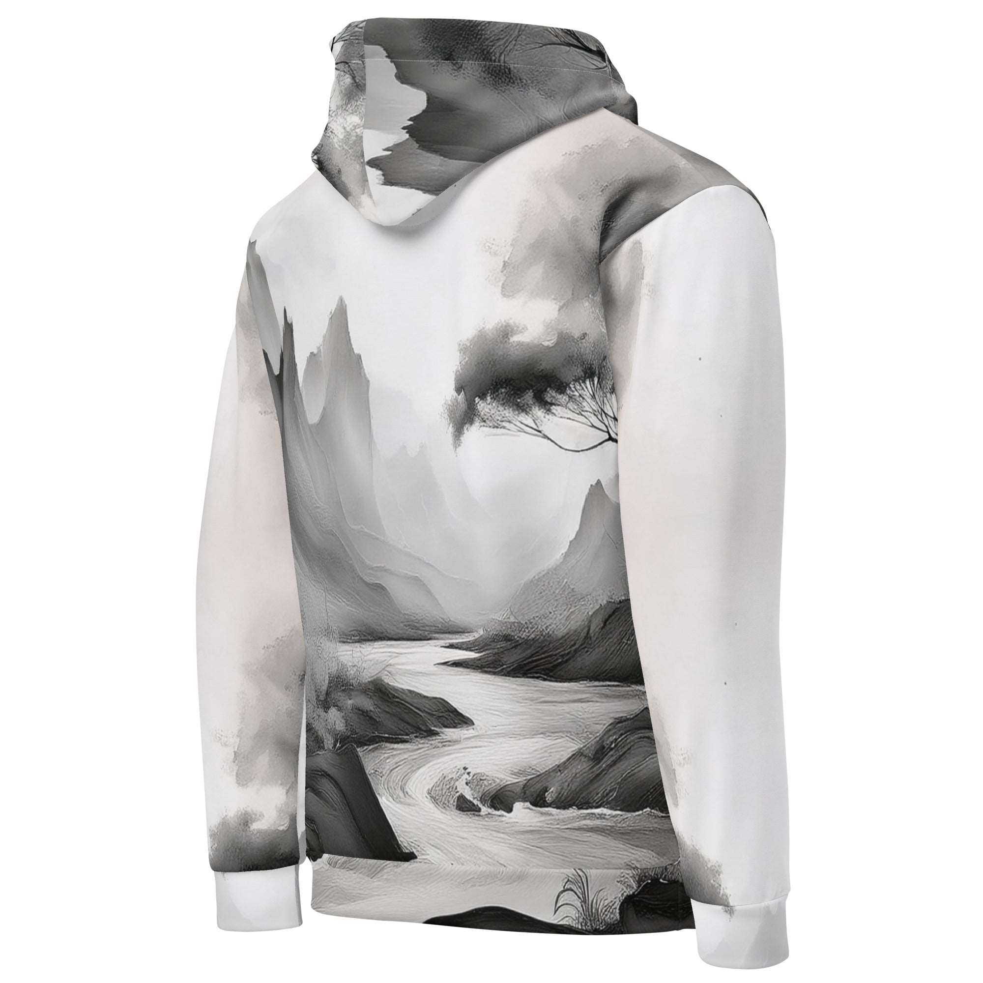 “Women’s Watercolour-Print-12 Muse Hoodie backside in white with gray hand-painted landscape design, featuring abstract mountains and trees, kangaroo pocket, and adjustable drawstring hood.”