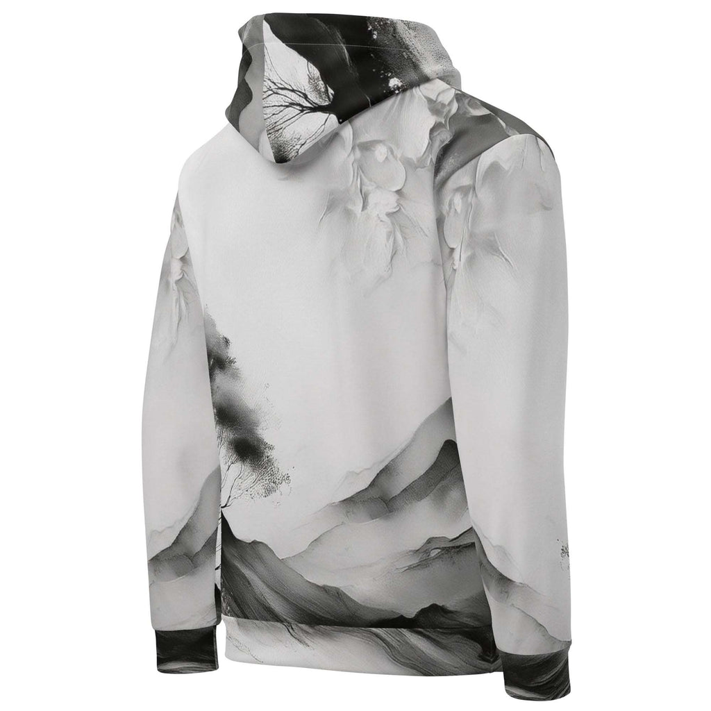 “Women’s Watercolour-Print-14 Muse Hoodie backside in white with gray hand-painted landscape design, featuring abstract mountains and trees, kangaroo pocket, and adjustable drawstring hood.”