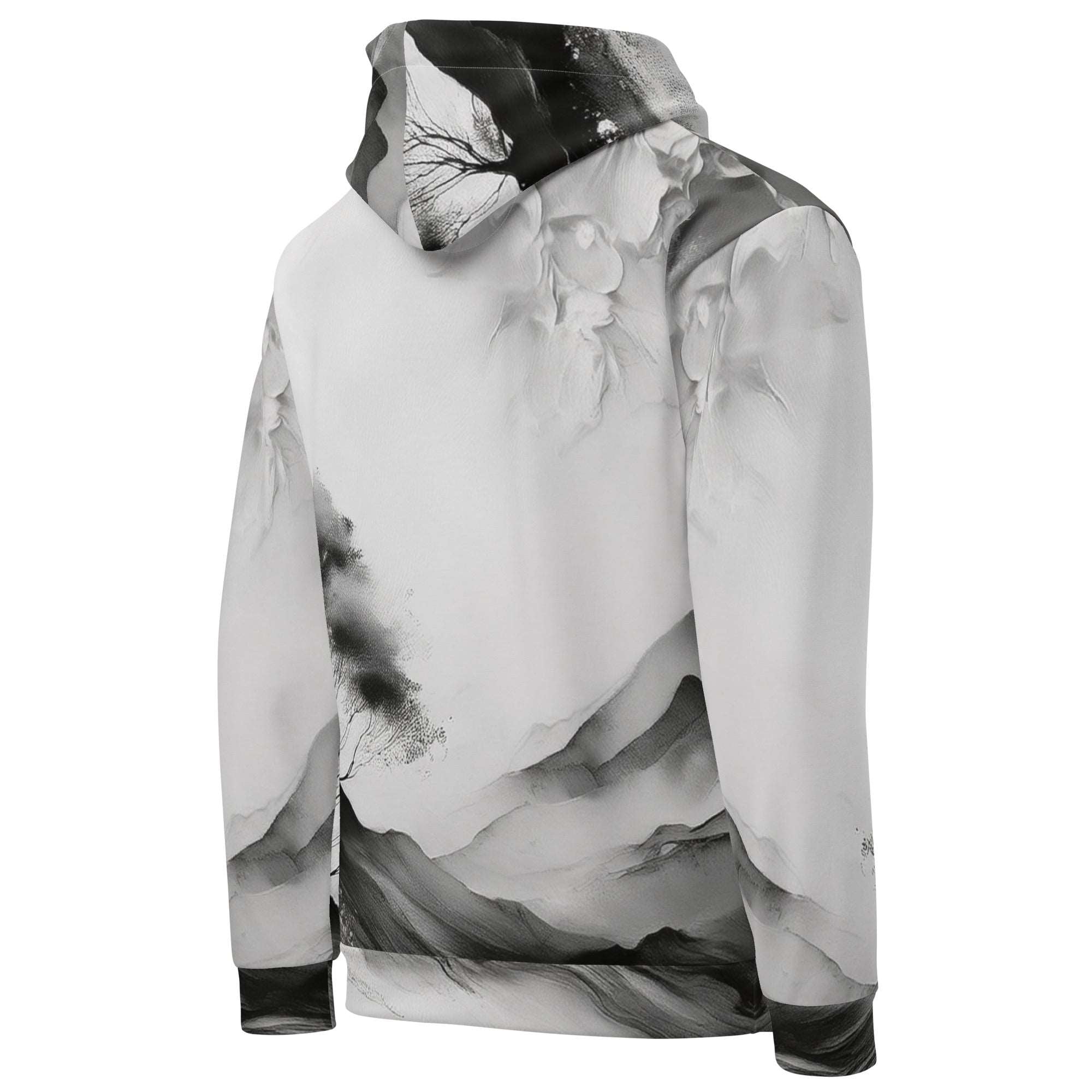 “Women’s Watercolour-Print-14 Muse Hoodie backside in white with gray hand-painted landscape design, featuring abstract mountains and trees, kangaroo pocket, and adjustable drawstring hood.”
