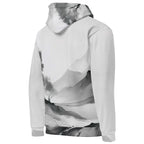 “Women’s Watercolour-Print-13 Muse Hoodie backside in white with gray hand-painted landscape design, featuring abstract mountains and trees, kangaroo pocket, and adjustable drawstring hood.”