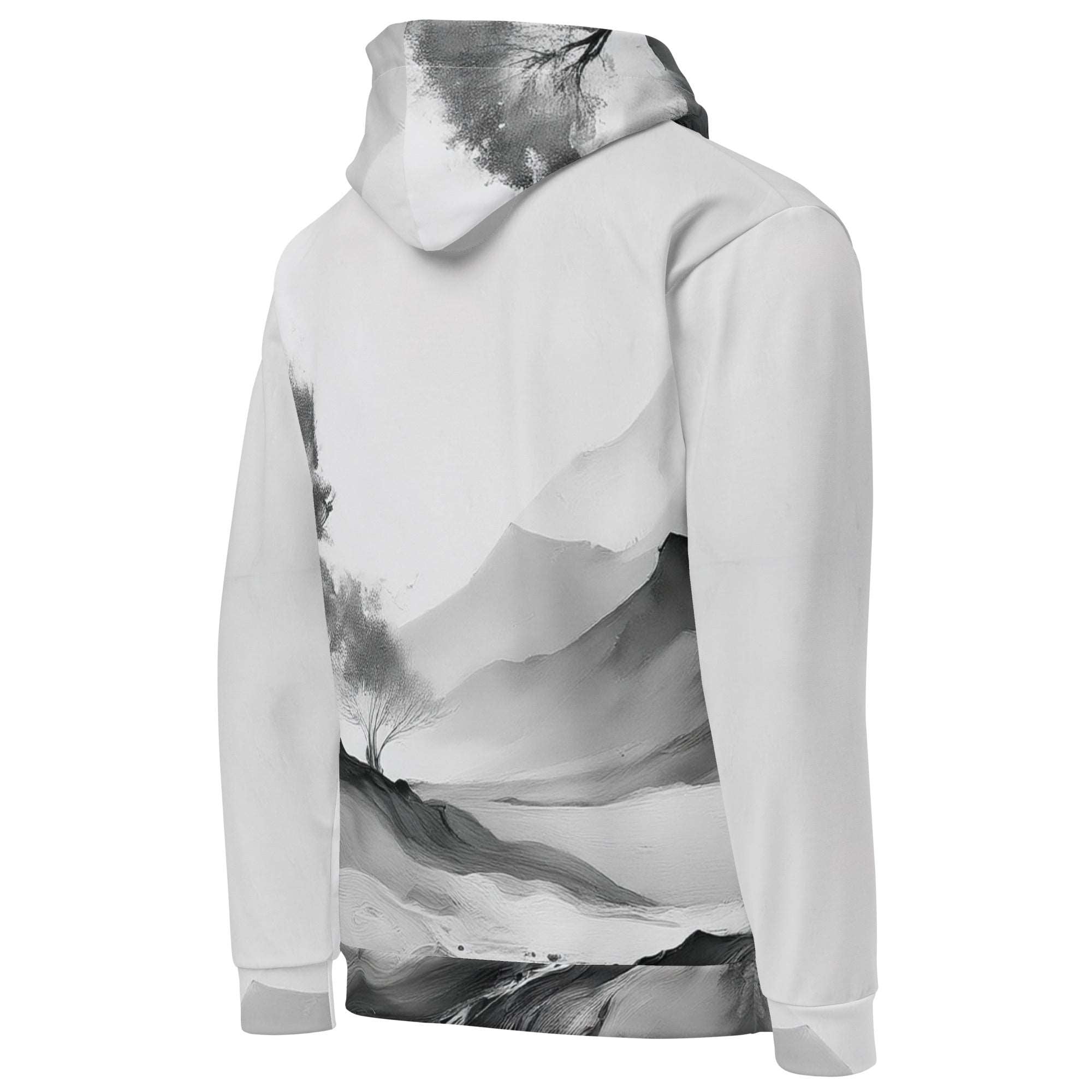 “Women’s Watercolour-Print-13 Muse Hoodie backside in white with gray hand-painted landscape design, featuring abstract mountains and trees, kangaroo pocket, and adjustable drawstring hood.”